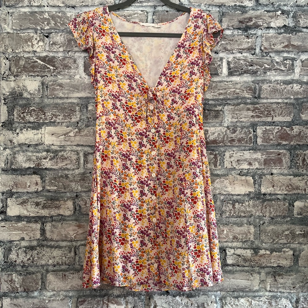 Lush Pink/Orange/Violet Flutter Sleeve Sundress fully lined peek a boo tie front